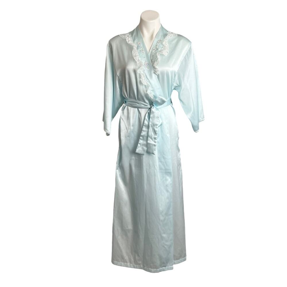 Vtg Barbizon Robe Size Small Long Embroidered Lace Detail Pockets Blue Peignoir